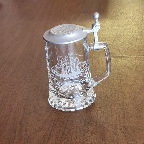 Glass Beer Stein Salem Ship Grand Turk 1786 ALWE W Germany Tankard Pewter Lid - Picture 3 of 14